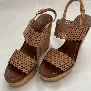 Tory Burch Brown Leather Daisy Wedge Sandals Size 7.5M